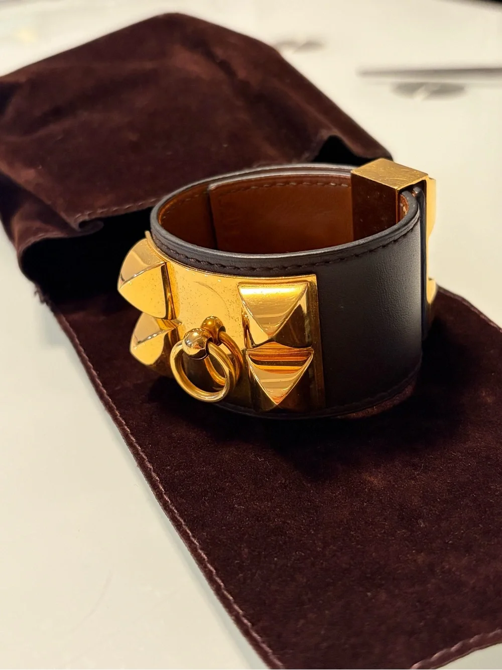 Hermes chocolate brown Collier de chien CDC Bracelet with Gold Hardware
